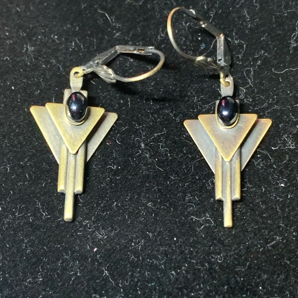 Brass Art Deco Triangle Drop Earrings with Black Stone